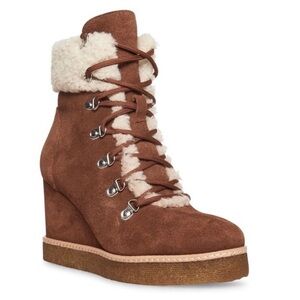 New Steve Madden Marcel Lace Up Wedge Boot Faux Shearling Cognac Suede Brown 6.5